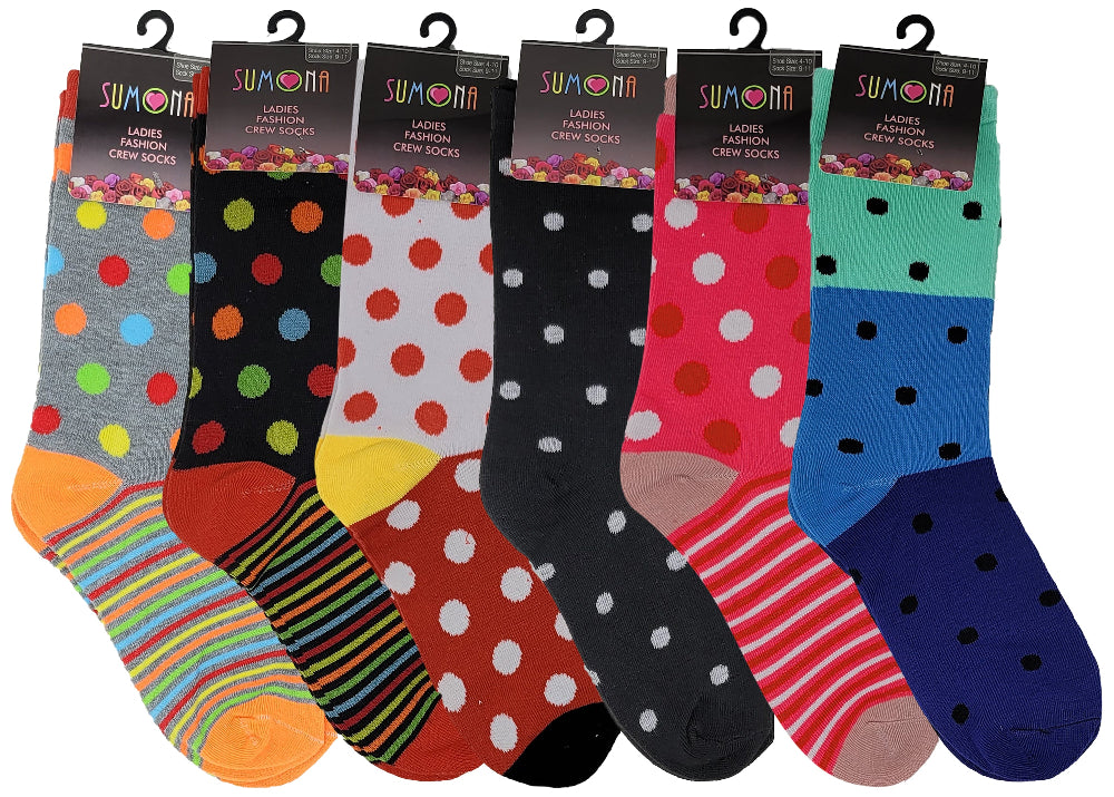 Six-pack of women’s novelty polka dot socks with reinforced cuffs.”
