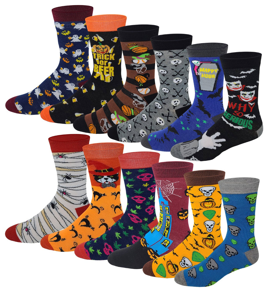 Men’s Halloween dress socks with assorted spooky designs – 12-pair pack