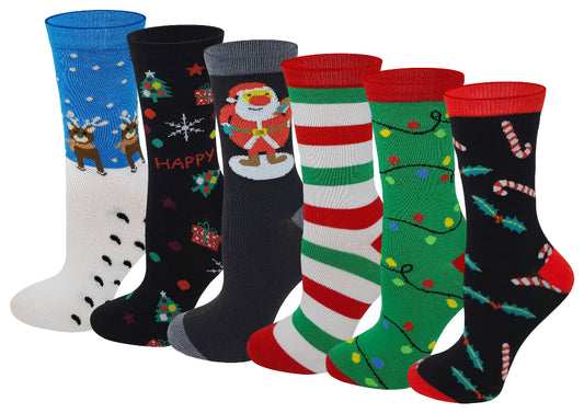 A set of six pairs of crew socks with various Christmas-themed designs, including motifs of Santa Claus, reindeer, and Christmas trees.