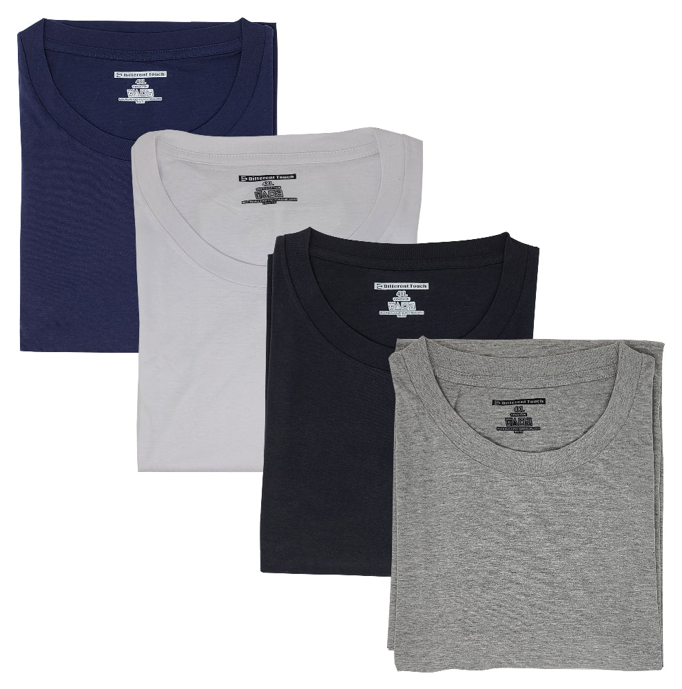 Four folded t-shirts in navy, gray, black, and gray on a white background.