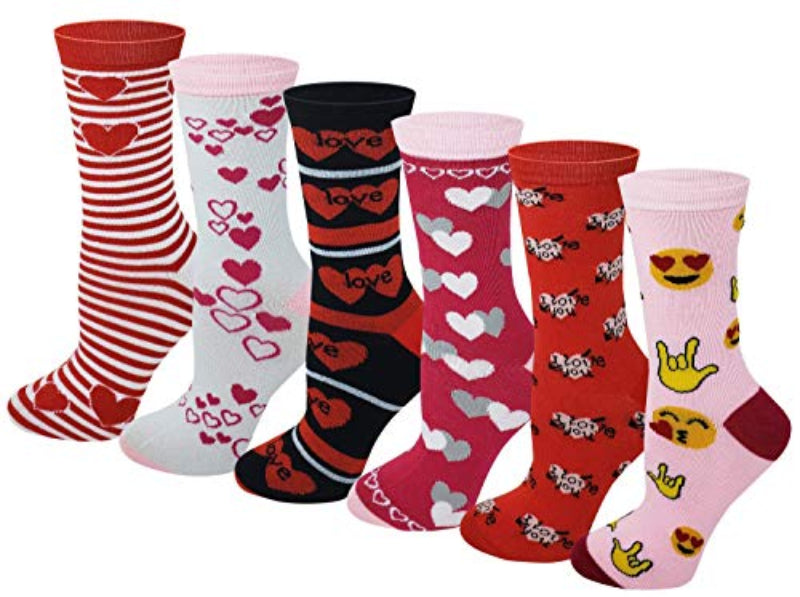 Women’s Valentine’s Day fancy crew socks with novelty designs – 6-pair pack