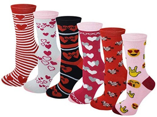 Women’s Valentine’s Day fancy crew socks with novelty designs – 6-pair pack