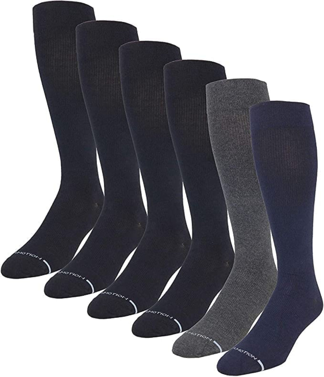 A set of Dr. Motion  knee-high Compression socks in various colors, including black, navy, and grey, displayed side by side.