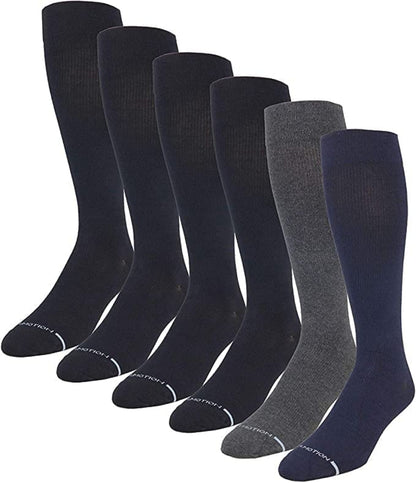A set of Dr. Motion  knee-high Compression socks in various colors, including black, navy, and grey, displayed side by side.