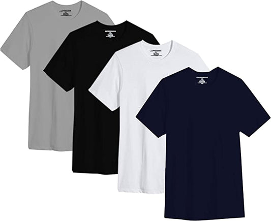 A pack of four crew neck cotton t-shirts in black, white, gray, and blue colors.