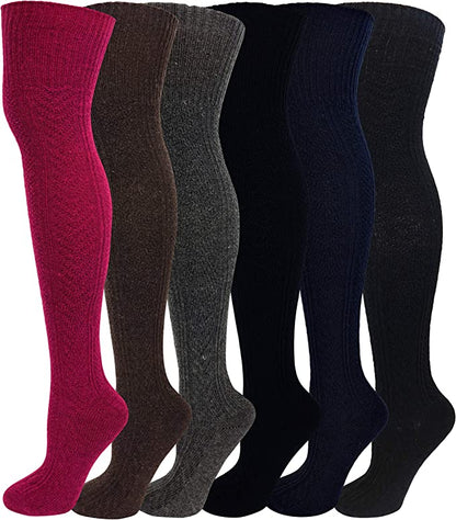 Women’s long wool boot socks – 6 pair cable knit winter collection