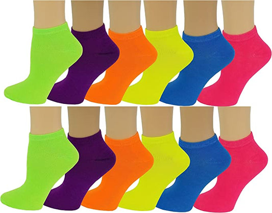 An assortment of bright colored ankle socks displayed on human legs, showing various neon color designs.