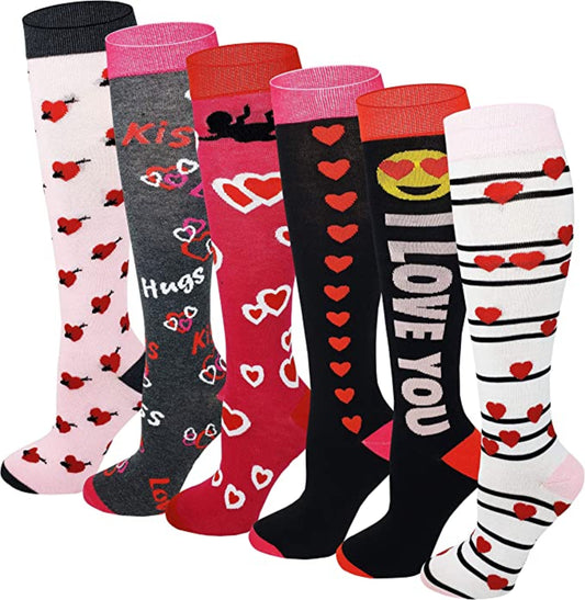 Women’s Valentine’s Day knee-high socks with assorted fancy designs