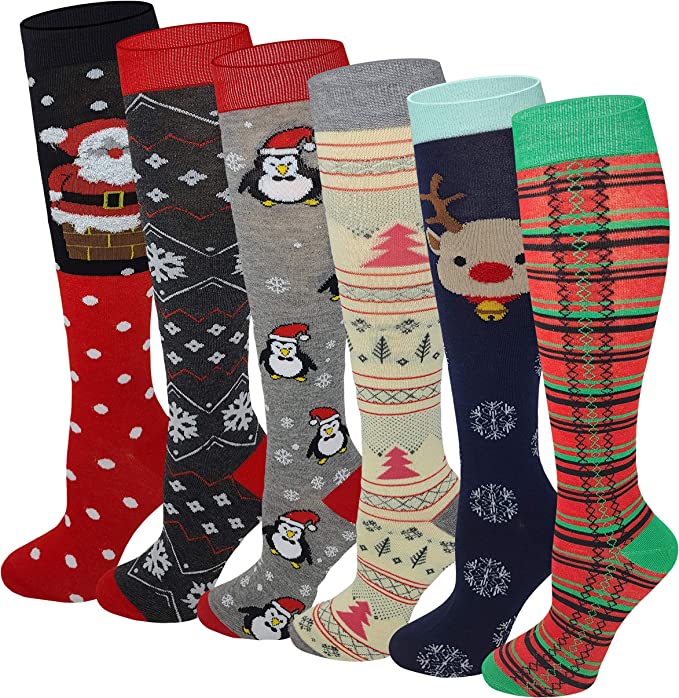 Women’s Merry Christmas knee-high socks – colorful holiday novelty design 6 pack