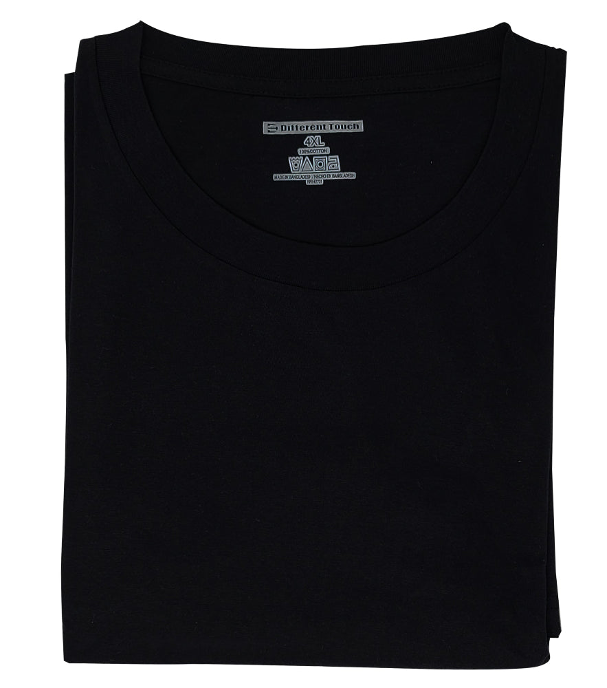 Folded black t-shirt with brand labels on a white background