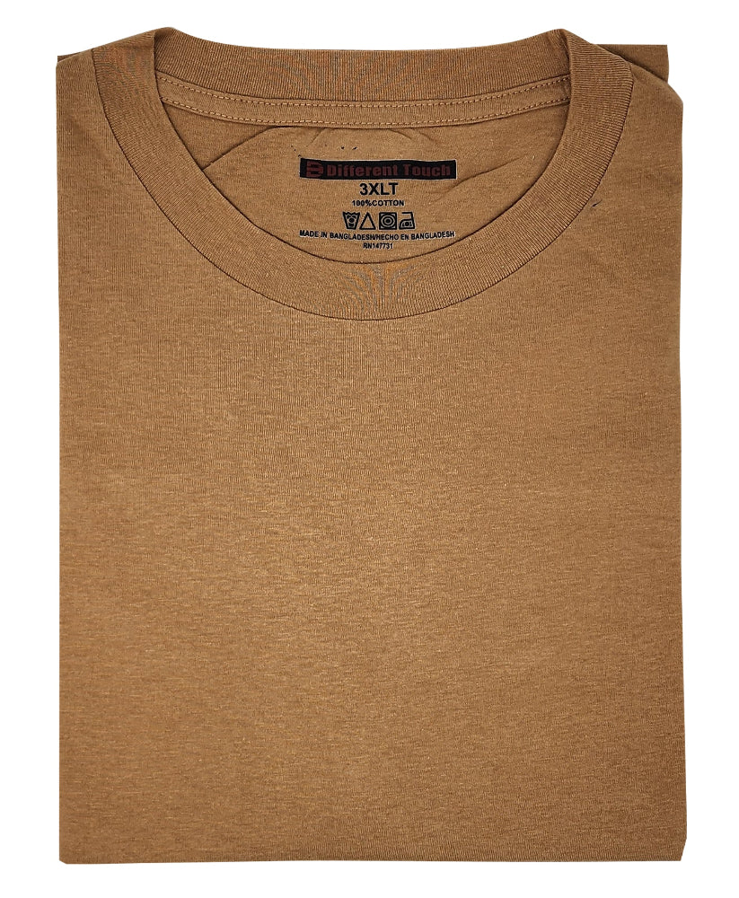Folded brown t-shirt with size label on a white background