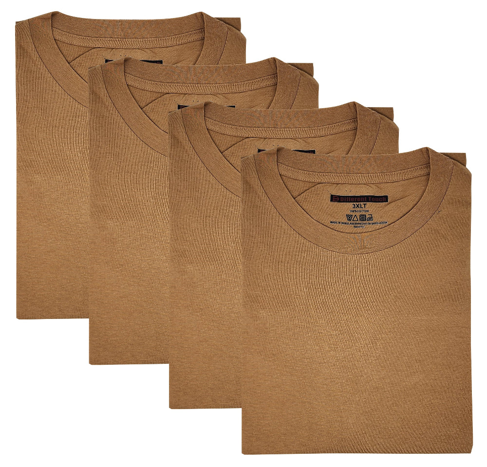 Folded brown oversize t-shirts with a brand label on a white background