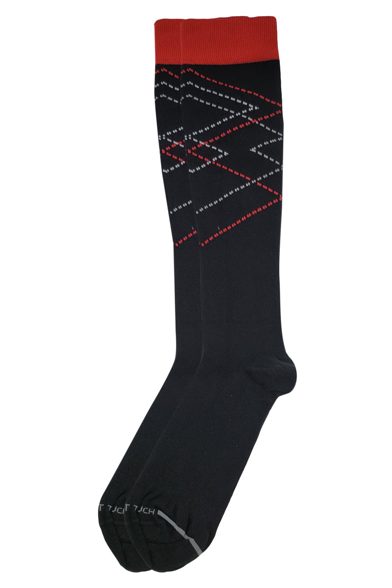 Black compression knee-high sock with red pattern on a white background