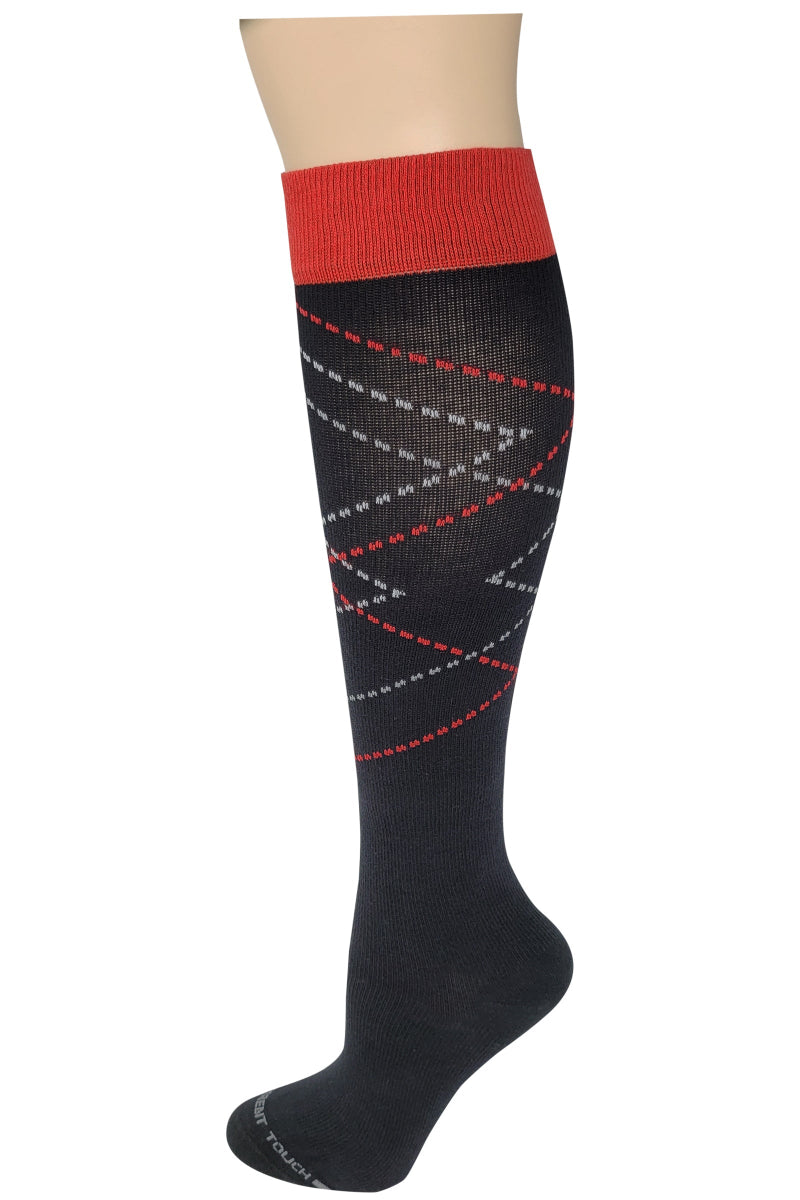Black Compression knee-high sock with red accents on a white background