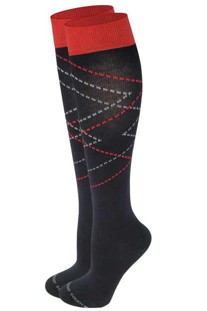 A pair of knee-high compression socks with a zig zag design in black, red, and gray colors.