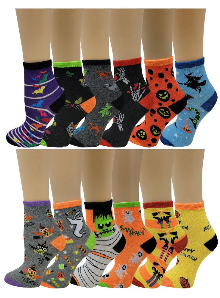 Girls Halloween crew socks with fancy spooky designs – 12-pair pack