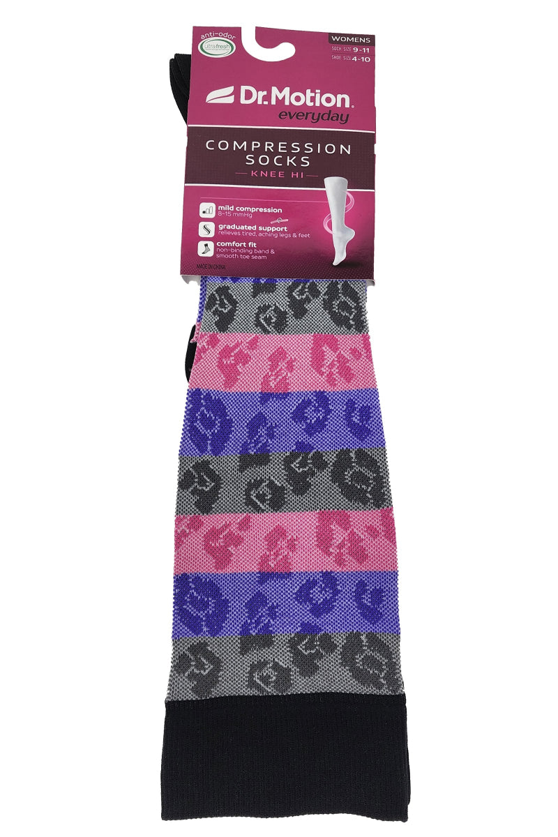 Compression sock with leopard print pattern on a white background, featuring Dr. Motion packaging.