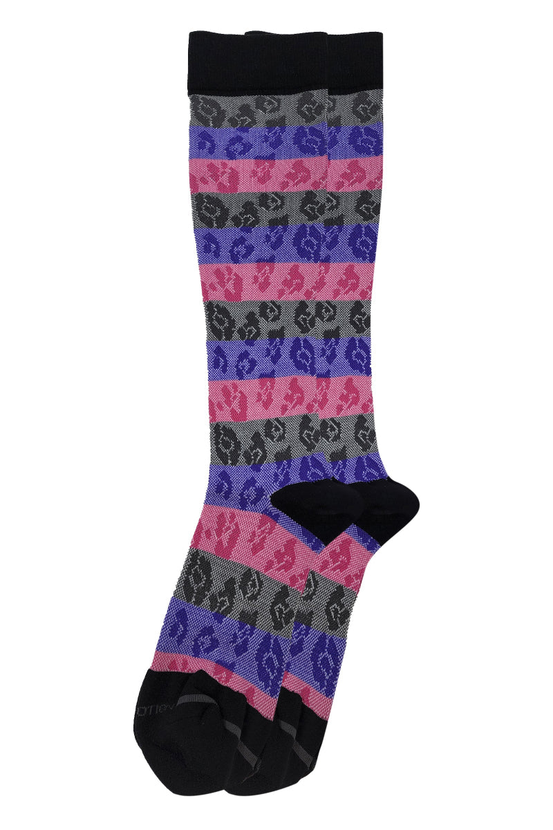 Colorful patterned sock with black accents on a white background
