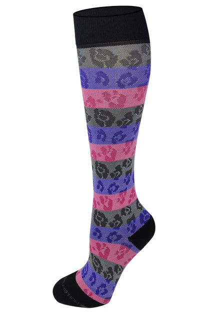Colorful knee-high sock with leopard print pattern on a white background