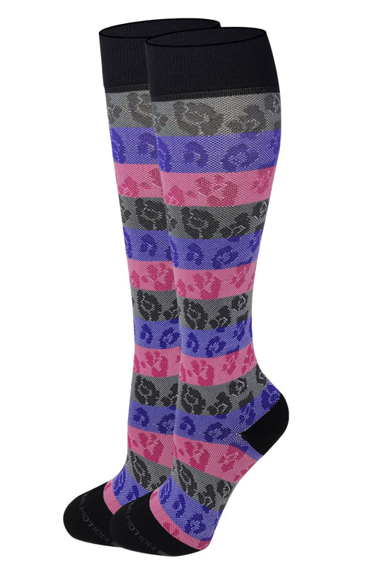 A pair of knee-high compression socks featuring an animal print design with purple, pink, black, and gray colors.