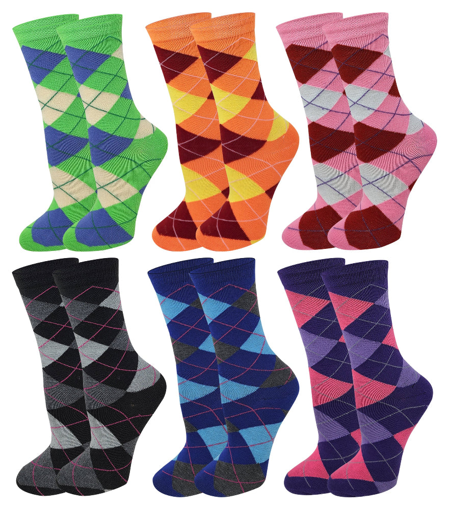 Women’s argyle novelty dress socks – colorful 6 pair crew pack by Sumona