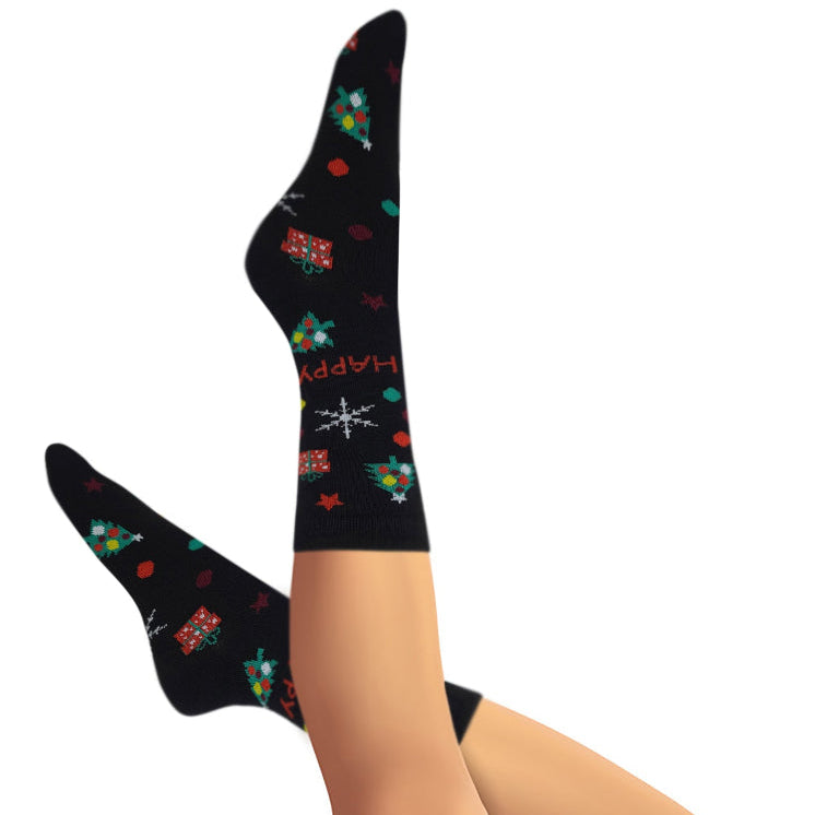 Festive women’s Christmas socks with reinforced stay-up cuffs