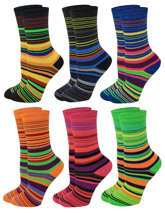 Women’s colorful striped crew socks – Sumona 6 pair novelty pack