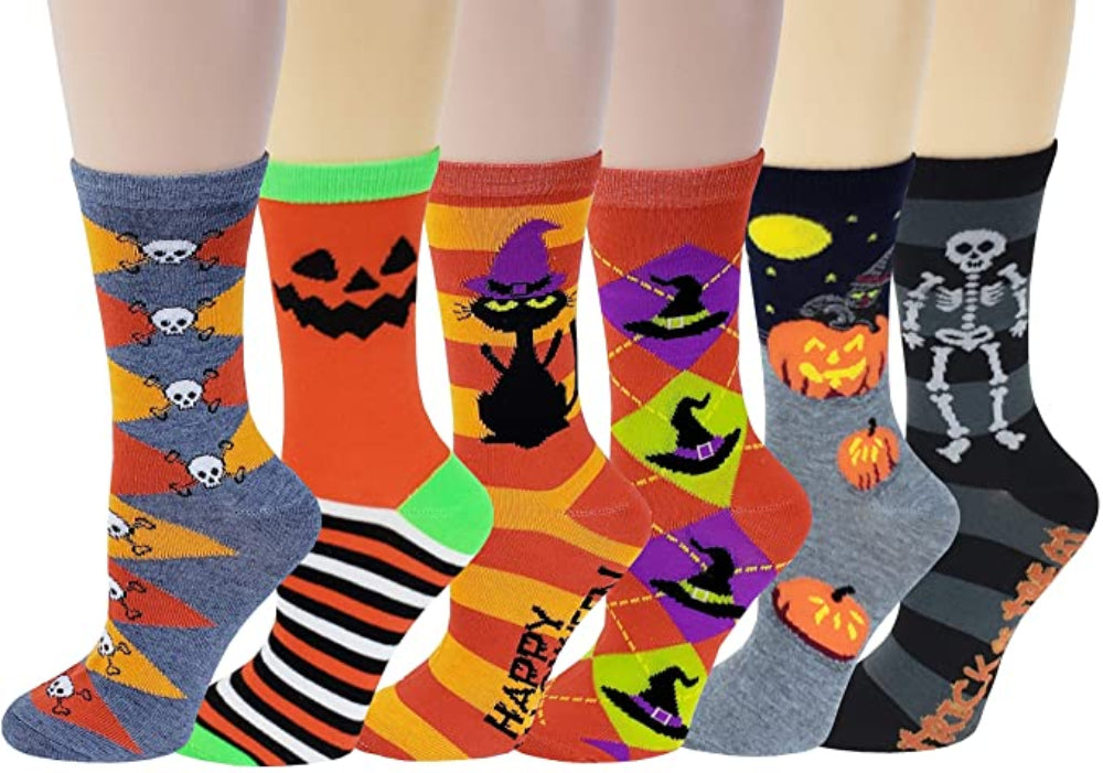 Women’s Halloween novelty crew socks in spooky designs – 6-pair pack