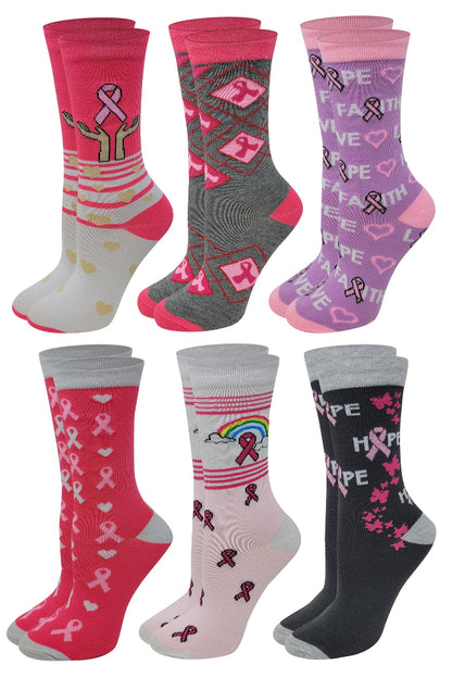 Women’s pink ribbon crew socks – breast cancer awareness 6 pair pack