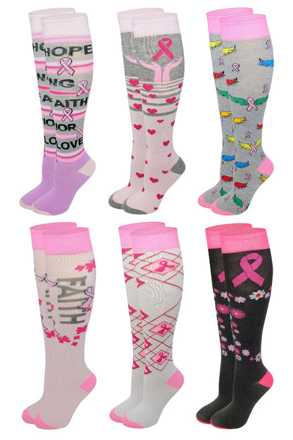 Women’s breast cancer awareness knee-high socks – pink ribbon designs 6 pack