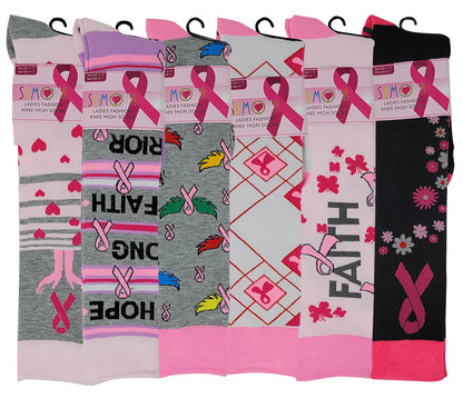 Women’s knee-high awareness socks – pink, black, and white ribbon patterns