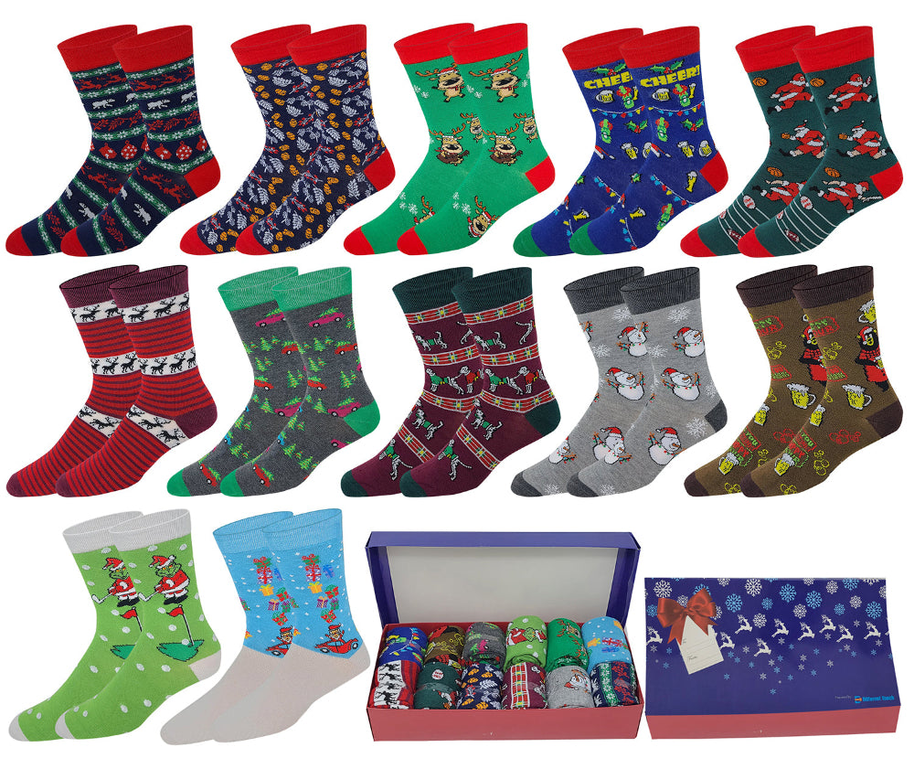Men’s Christmas dress socks gift box – 12 festive patterned pairs