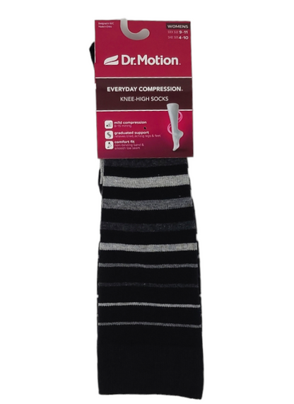 Packaged Dr. Motion knee-high socks with black and gray stripes on a white background