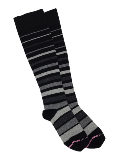 Pair of black and gray striped socks on a white background