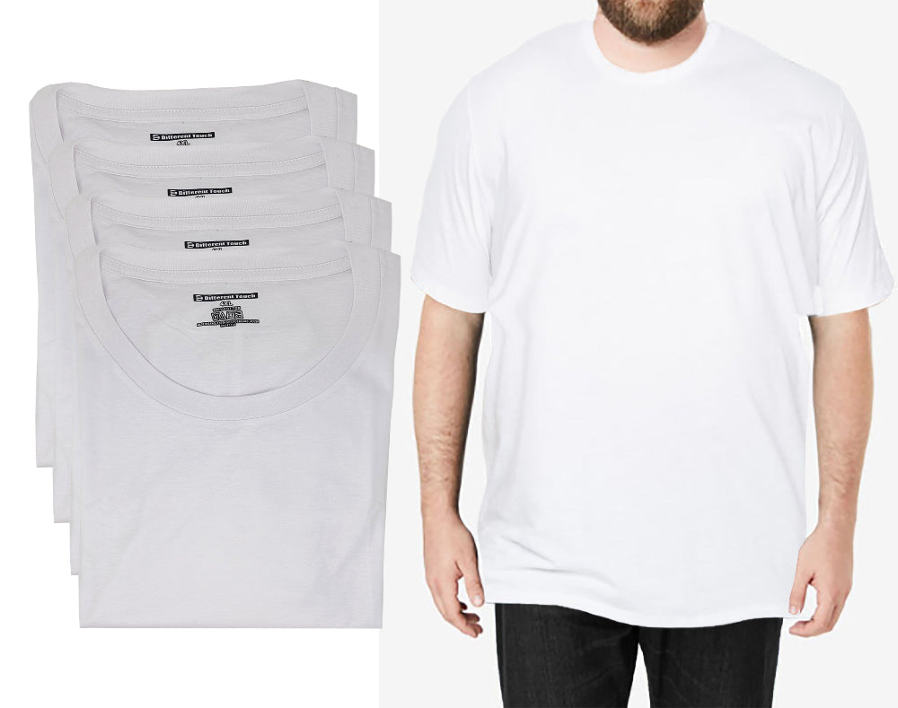 Stack of white Oversize t-shirts on the left and a person wearing a white t-shirt on the right.