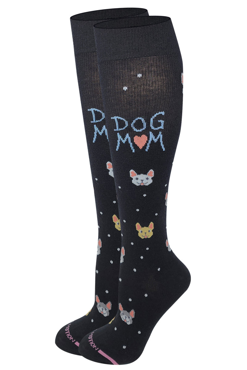 Dr. Motion women’s knee-high compression socks with Dog Mom design, mild 8–15 mmHg support