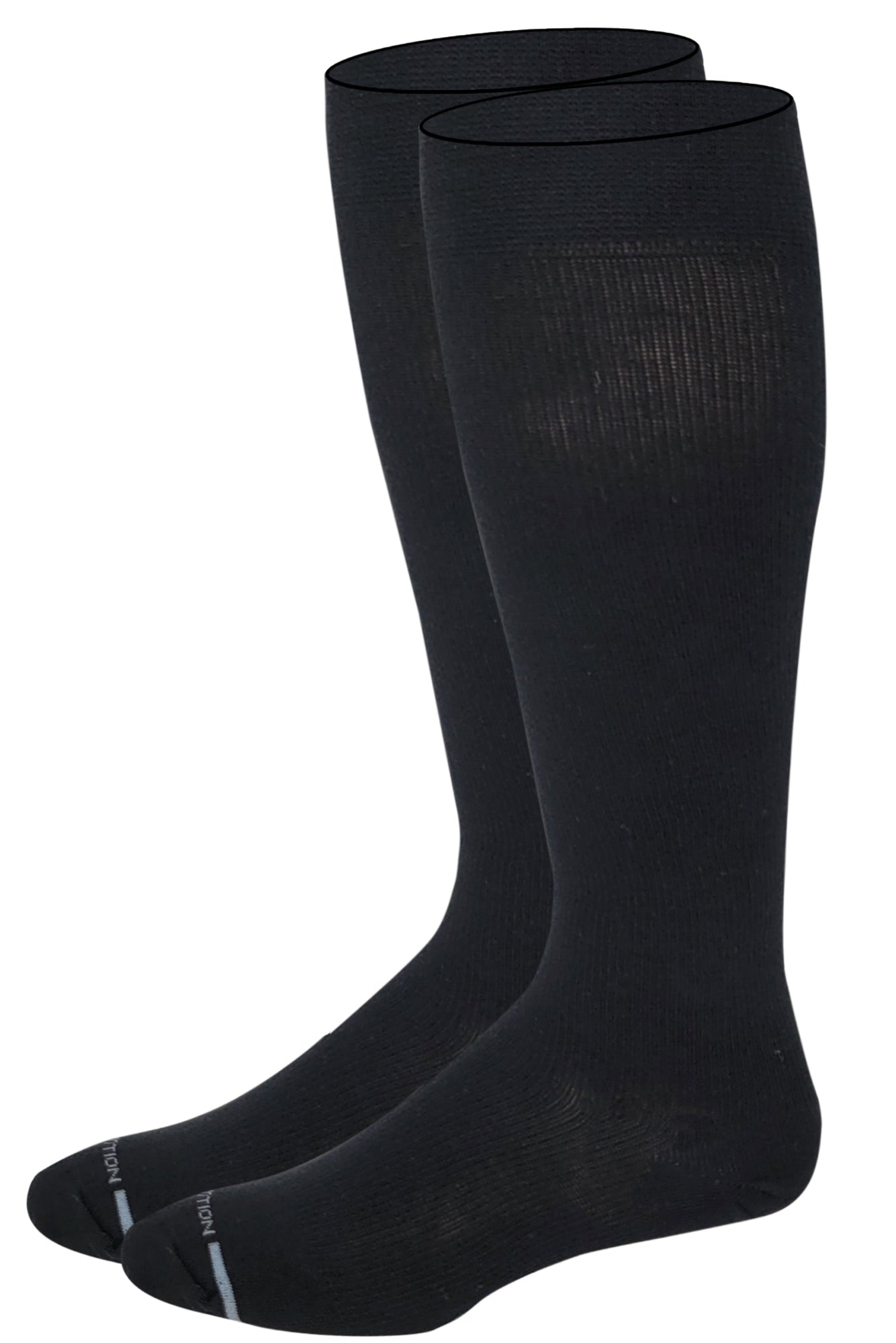 Two black Dr. Motion Compression knee-high socks on a white background