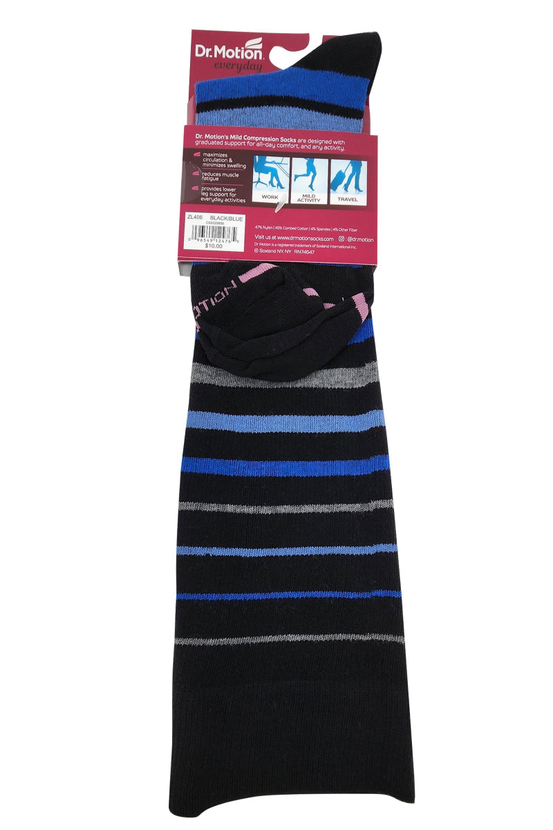 Black sock with blue and gray stripes and packaging labeled 'Dr. Motion' on a white background