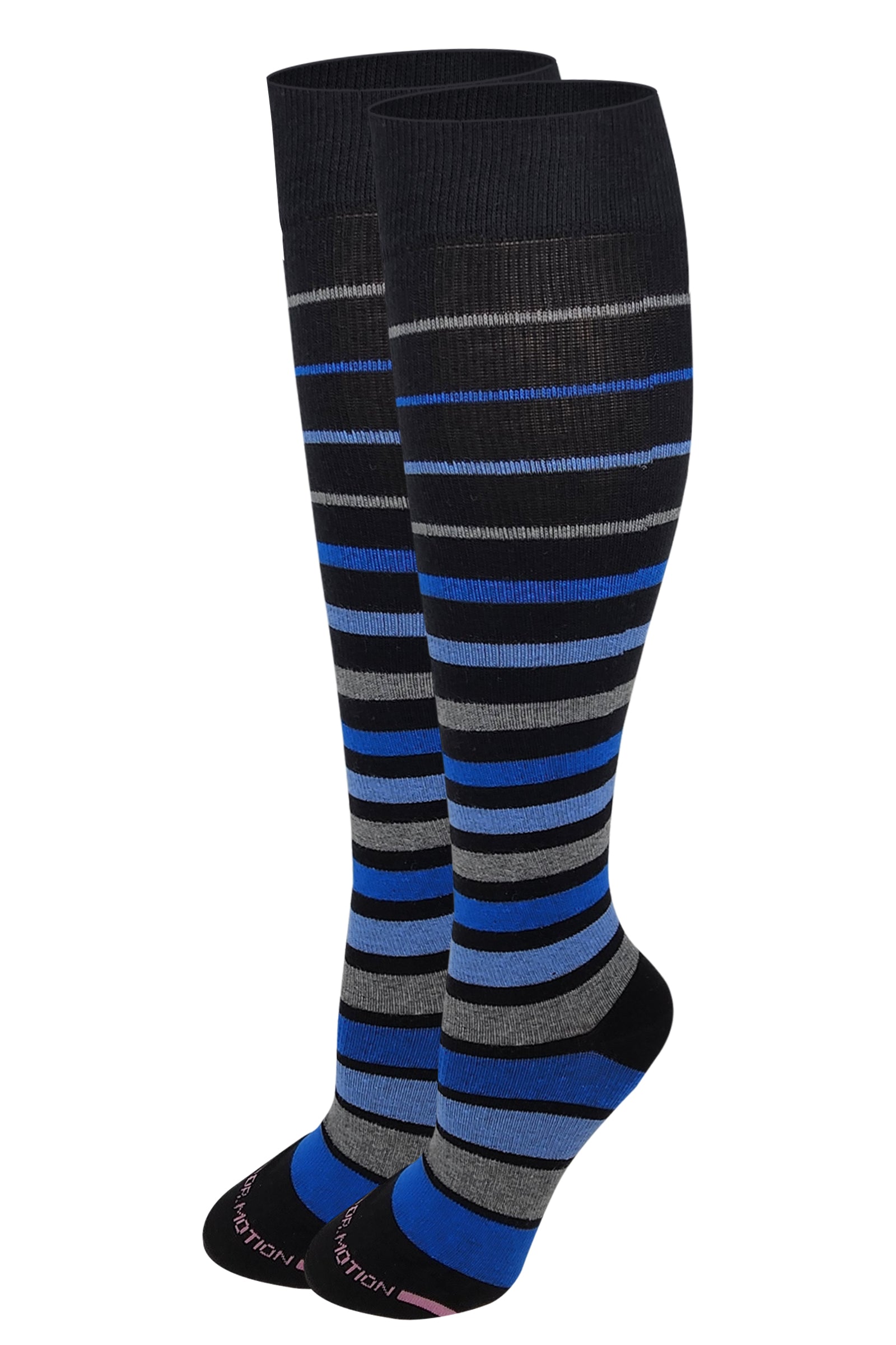 A pair of knee-high compression socks featuring block stripes in black, gray, and blue colors.