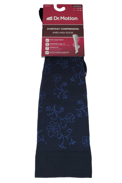 Navy compression sock with blue floral pattern and Dr. Motion packaging on a white background