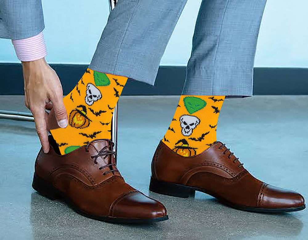 Men wearing patterned Halloween socks during everyday activities